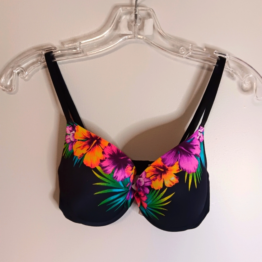 Pink By Victoria's Secret Bikini Top Wear Everywhere Push Up Black Tropical 34 C